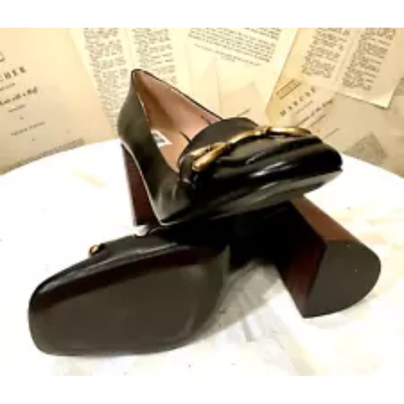 Anthropologie Bibi Lou Zagred Wood Stacked Heel Black Leather - Picture 9 of 11